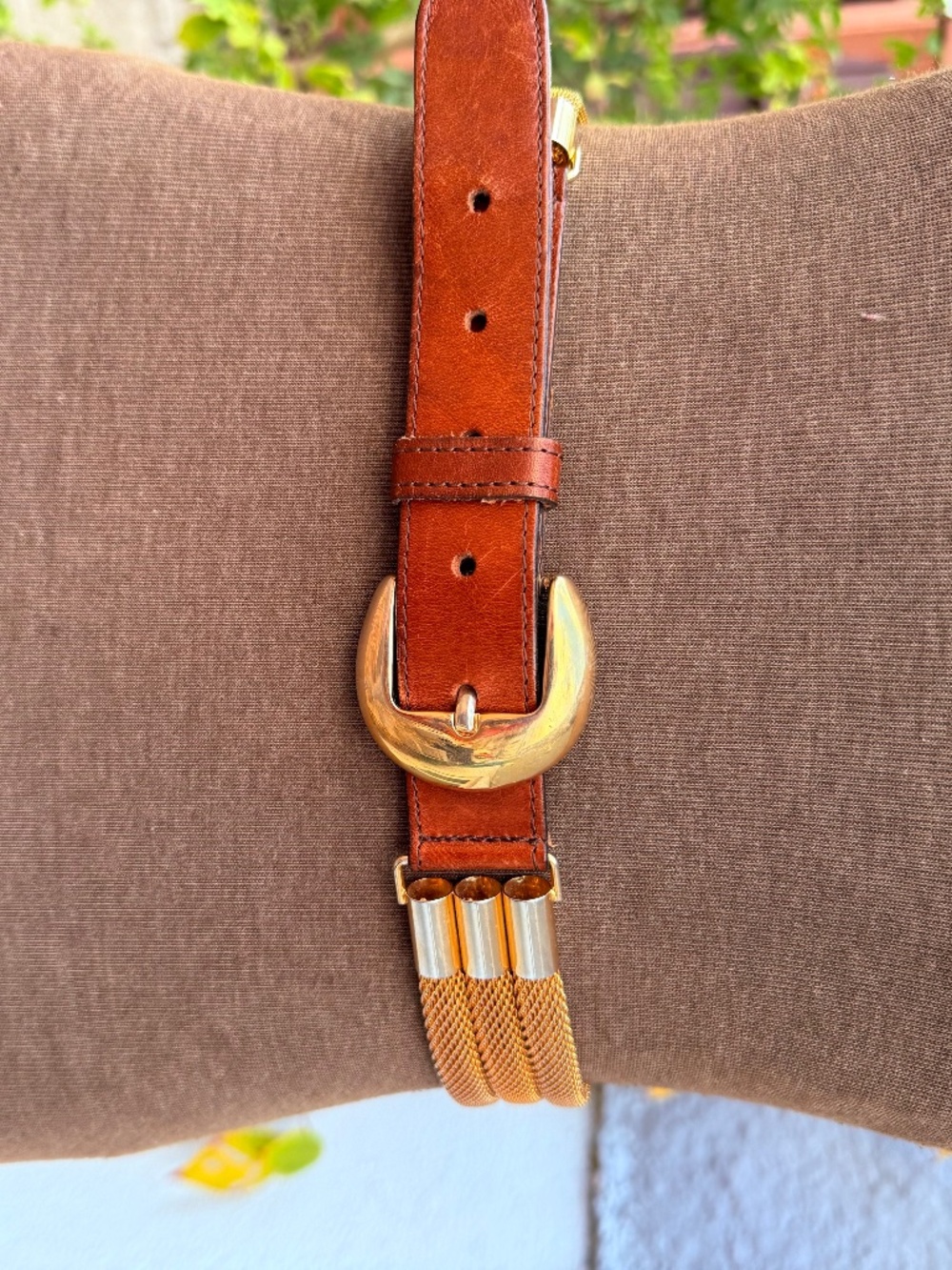 🤎✨ Vintage 90s Brown Leather & Gold Mesh Chain Belt